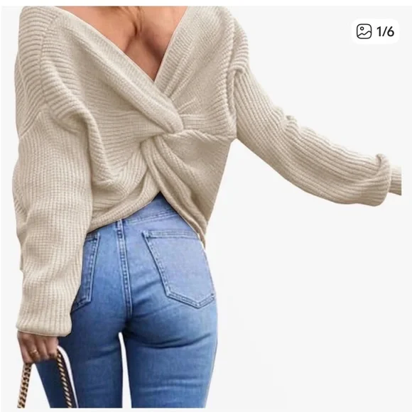 Women's Knitted Sweater with Knot Back - Cream - Picture 1 of 6